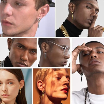 PROSTEEL Stainless Steel Huggie Hoop Earrings for Mens Gold/Black/Silver | Skull/Infinity Pattern, Spike/Cuban Links 4 Design Options Hypoallergenic Lightweight Earring Hip Hop Punk Gothic Jewelry - style: 09-Spike Dangle-SIlver