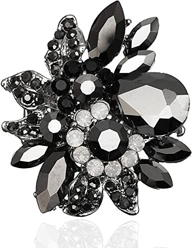 CSY Luxury Froral Cocktail Statement Rings Stretch Adjustable Ring | Gorgeous Women's Austrian Crystal Leaves Flower Big Cocktail Statement Rings Stretch Adjustable Ring Jewelry Accessories - color: Black