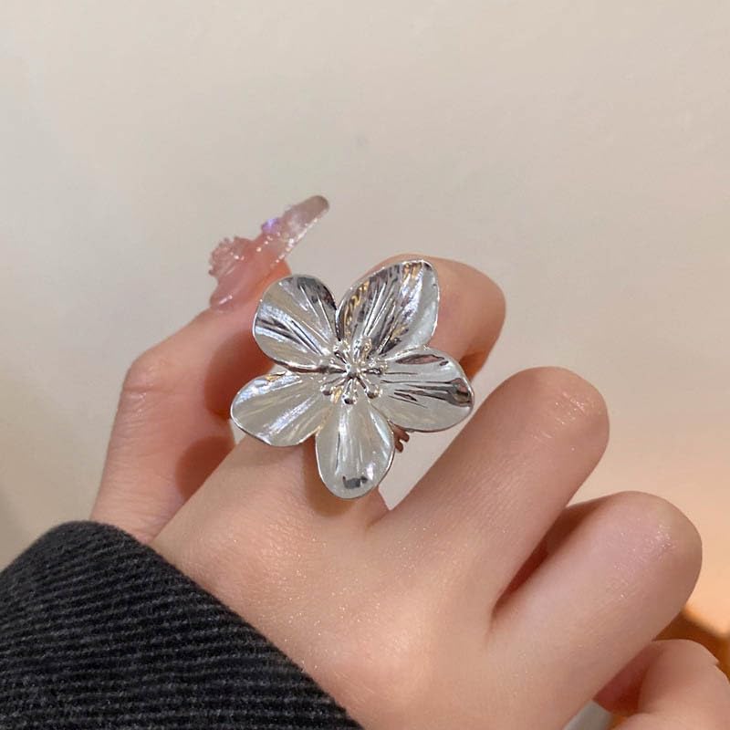 Gold Flower Ring for Women Trendy Silver Flower Statement Ring Adjustable Minimalist Rings Jewelry - color: Silver, style: Flower A