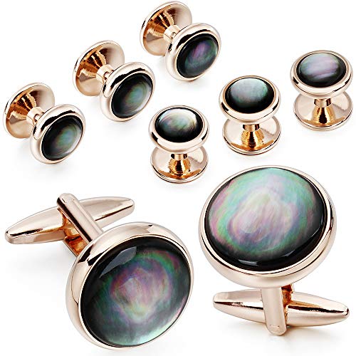 HAWSON Cufflinks and Tuxedo Studs Set for Men with Gift Box, Mother-of-Pearl Cuff links for French Cuff Shirt and Dress Shirt, Suitable for Wedding, Birthday, Party - style: Rose Gold & Black Lip Shell Stone