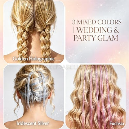 CELINABELLA Clip In Hair Tinsel 12 Pack 3 Colors 4 Pcs Each Mixed Gold Silver Fuchsia 23 Inch 70 Strands Heat Resistant 320°F Invisible Clips For Women Teens Wedding Party Prom Birthday - color: Gold-Silver-Pink