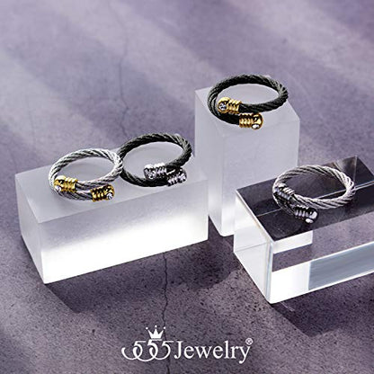 555Jewelry Stainless Steel Twisted Cable CZ Adjustable Open Ring for Women & Ladies - color: Silver & Gold