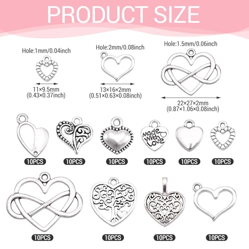 Pandahall 100pcs Tibetan Style Heart Charms Alloy Pendants Antique Silver Sweet Heart Charms for DIY Earring Bracelet Necklace Jewelry Making Valentine Day Wedding Gift