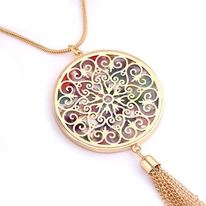 MOLOCH Long Necklaces For Woman Disk Circle Pendant Necklaces Tassel Fringe Necklace Set Statement Pendant - color: disk--gold-Floral