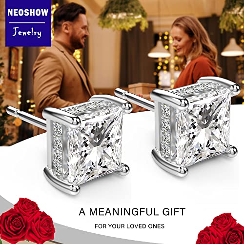 Princess Cut Cubic Zirconia Stud Earrings for Men Women | Square CZ Simulated Diamond Studs, 18K White Gold Plated Sterling Silver, Hypoallergenic - color: White Gold, size: 7MM