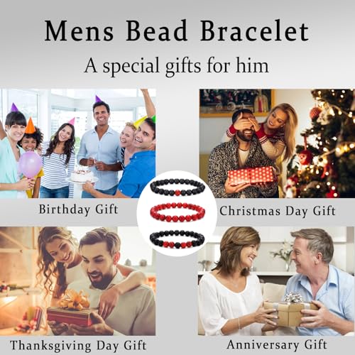 Mens Bead Bracelet Set - Adjustable Elastic Rope With 6&8MM Natural Stone Multi-Colored Beads - Tiger Eye Bracelets for Men - Gift - style: 3,red,black bracelet