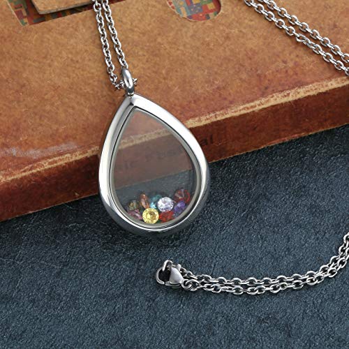 Jovivi Teardrop/Heart Floating Charm Memory Locket Necklace - 316 Surgical Stainless Steel Buckle Closure