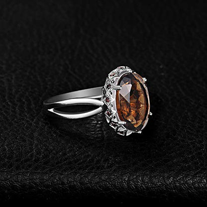 JewelryPalace Huge Oval Shape 5.7ct Genuine Smoky Quartz Cocktail Rings for Her, 14K White Yellow Rose Gold Plated 925 Sterling Silver Ring for Women, Natural Gemstone Jewelry Sets Rings - color: 1-Sterling Silver