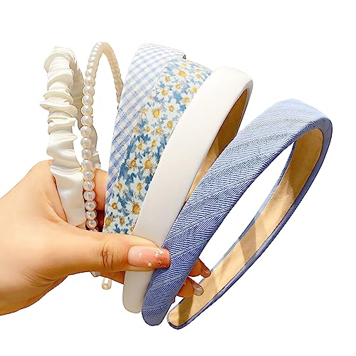 Fashion Headbands Set, 6pcs Pearl Floral Padded Wide Vintage Headbands for Women and Girls (Blue) - color: Blue