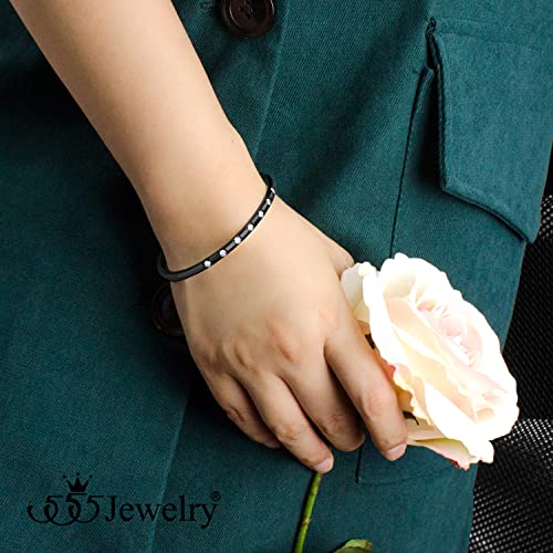555Jewelry Stainless Steel Thin CZ Cuff Hinged Bangle Bracelet for Women - color: Black