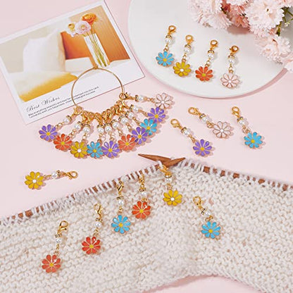 SUNNYCLUE 1 Box 30Pcs Stitch Markers Crochet Stitch Marker Daisy Flower Charms Pearl Beads Zipper Pull Clip On Removable Lobster Claw Clasp Charm Locking Knitting Markers for Weaving Sewing Quilting - color: 30pcs Flower & Pearl Stitch Markers With Upgrad