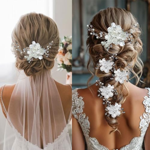 5 PCS Large Flower Bridal Wedding Hair Pins Crystal Pearl Hair Clips Headpiece Bride Hair Accessories Jewelry with Rhinestone, Glitter Emboss White Flower - color: Glitter Emboss White Flower