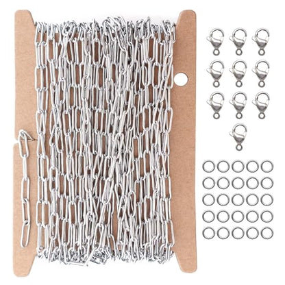 THREENEST 16.4-Feet 3mm Stainless Steel Paperclip Chains with 10 Lobster Claps+25 Jump Rings, Soldered Cable Long Craft Chain for Necklace Bracelet Earring Jewelry Making (Steel) - color: Stainless Steel, size: Width 3.0mm-16.4 Feet+10 Claps+25 Rings