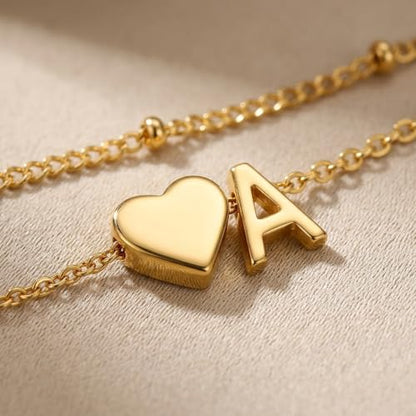 Gold Plated Layered Initial Charm Bracelet for Women - Personalized A-Z Letter Jewelry with Satellite Chain, Adjustable Bracelet Gift for Her, Everyday Wear - color: Gold-A