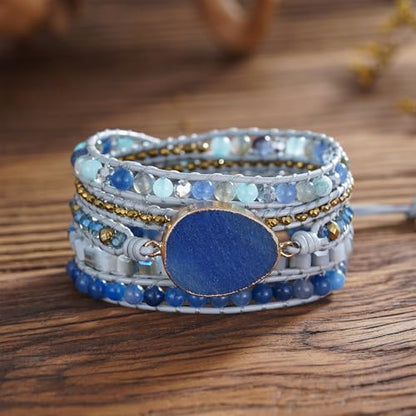 Plumiss Women Boho Handmade Natural Stone Crystal Leather Bead Wrap Bracelets Collection - style: Blue Aventurine 5W