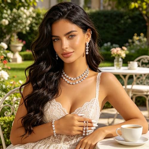 Rhinestone Bridal Wedding Jewelry Set，Crystal Necklace Earrings Bracelet Sets Formal Costume Jewelry for Women and Brides - color: SILVER