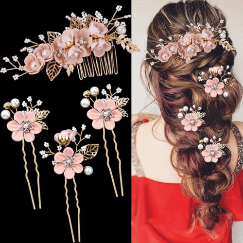 BOYIVI 4 Pieces Bridal Floral Hair Comb and Pins, Pink Alloy with Rhinestones, Plump Smooth Pearl and Fake Petal Wedding Hair Accessories for Brides, Bridesmaids, Women, Girls - color: Pink