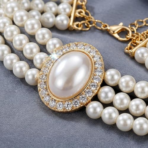 Pearl choker necklaces for women, 3 Row Faux Pearl Necklace Choker with Crystal Rhinestone Centerpiece, Vintage Layered Statement Collar for Wedding Party Evening Costume Jewelry