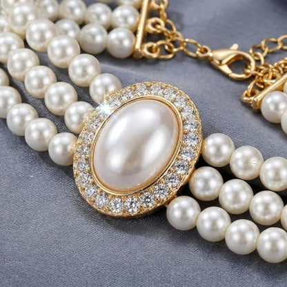Pearl choker necklaces for women, 3 Row Faux Pearl Necklace Choker with Crystal Rhinestone Centerpiece, Vintage Layered Statement Collar for Wedding Party Evening Costume Jewelry