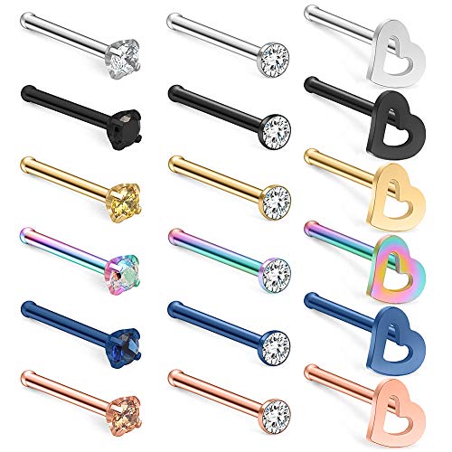 SCERRING 20G 18PCS Stainless Steel Heart Bone L Shaped Screw Nose Stud Rings Piercing Jewelry 2mm Cubic Zirconia - style: 18PCS - Bone