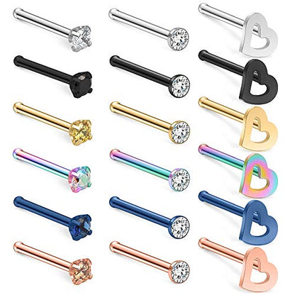 SCERRING 20G 18PCS Stainless Steel Heart Bone L Shaped Screw Nose Stud Rings Piercing Jewelry 2mm Cubic Zirconia - style: 18PCS - Bone