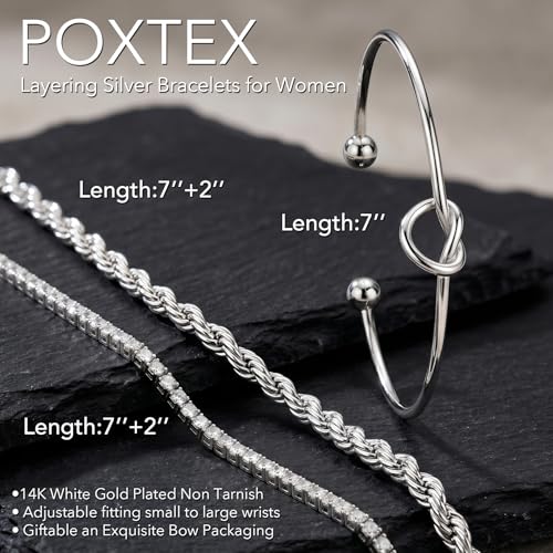 925 Sterling Silver Bracelets for Women Stack, Trendy Tennis Bangle Cuff Jewelry Set 14K Gold Plated, Adjustable Bracelet Set for Wrist Essentials, Women Fashion Watch Band Acecessories - style: Bracelet_3pcs(Dainty Tennis Set2-Silver)