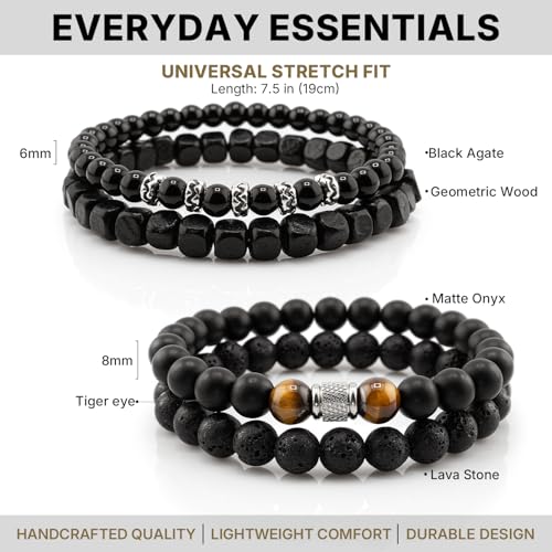 Flybar Men's 4 Piece Beaded Bracelet Set, Natural Lava Stone Black Onyx Matte Agate Tiger Eye, Stretchable Elastic Handmade Stackable - color: MK05 Rock Tiger eye Wood