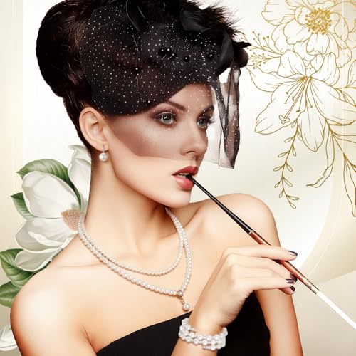 Glenmal Pearl Rhinestone Jewelry Set for Women Pearl Necklace Bracelet Earrings for Wedding Halloween Bridal Shower Tea Party - style: Gorgeous Style