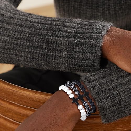 Mens Beaded Bracelets Set 8MM Tiger Eye Lava Stone Stretch Natural Stone Men's Bead Bracelet Mens Bracelet - color: 4,Cross-Bracelet-B