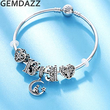 GEMDAZZ 925 Sterling Silver Valentines Day Charms Heart Charms, I Love You to The Moon and Back Pendant, Cupid Arrow and 4 Leaf Clover Beads fit European Bracelets, Gift for Lover/Wife/Girls - color: Silver Color Girl on Moon Pendant Charms