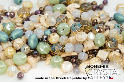 2.1oz (60 g) Mix of Unique Czech Bohemia Glass Pressed Beads, Matte and Glossy, Hand Made, Beige Blue Luster - color: Beige Blue Luster