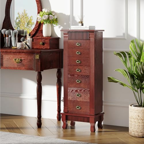 Giantex Standing Jewelry Cabinet with 7 Drawers, Flip-Top Mirror, 2 Side Doors with 12 Necklace Hooks, Divided Ring Compartments, Velvet-Lined Jewelry Armoire Organizer Chest (Cherry) - color: Cherry