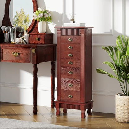 Giantex Standing Jewelry Cabinet with 7 Drawers, Flip-Top Mirror, 2 Side Doors with 12 Necklace Hooks, Divided Ring Compartments, Velvet-Lined Jewelry Armoire Organizer Chest (Cherry) - color: Cherry