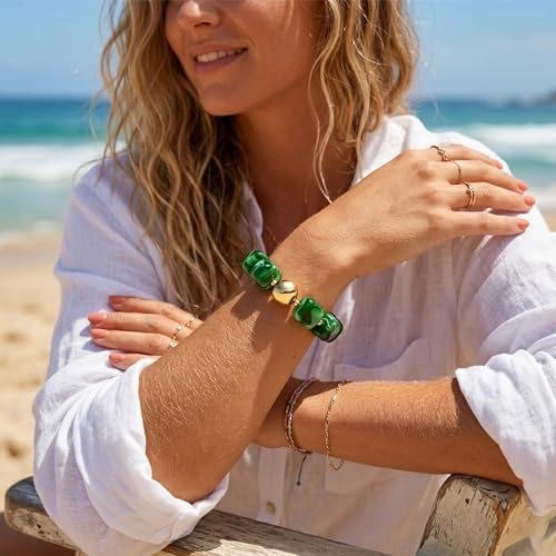 WOWORAMA Chunky Beaded Bracelets for Women Colorful Large Square Beads Bracelet Boho Acrylic Resin Stretch Bracelets Statement Chunky Bracelet Summer Jewelry - color: Square-Dark Green