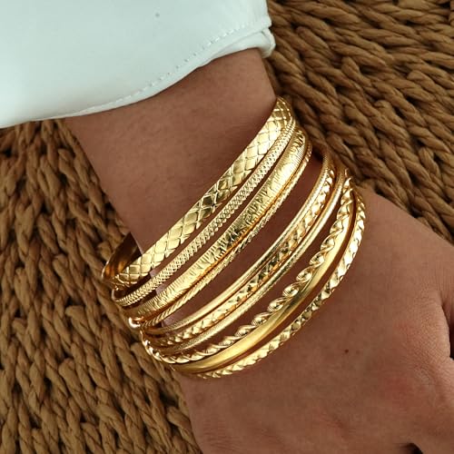 ÌF ME Gold Bangle Bracelets for Women, Indian Bangles Stackable Set, Multi Layer Textured 18K Gold Plated Chunky Bracelets Boho Jewelrys Set - style: F-10PCS Textured bangles