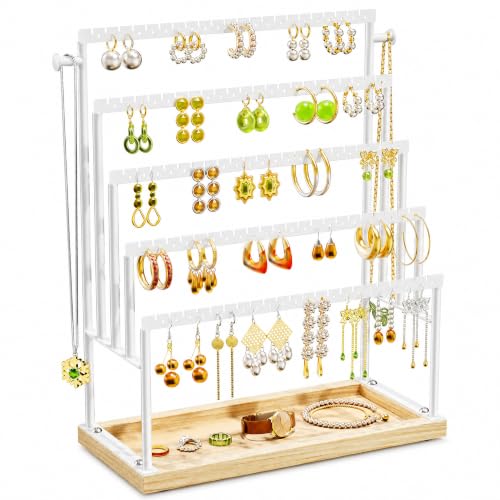 Large 5 Tier Earring Organizer and Holder, White | 100+ pair earring storage, jewelry holder stand, clean white finish, ideal for bright bedrooms and modern vanities - color: White