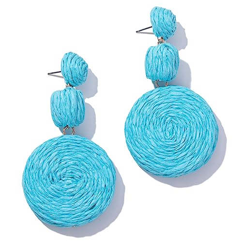 Statement Raffia Boho Round Dangle Ball Earrings - Cute Handmade Summer Bohemian Dangling Jewelry for Women - color: Blue