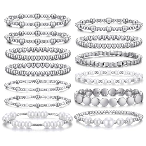KISS WIFE Gold Beaded Bracelets for Women, Stackable Stretch Bracelet Set | 13 stretch bracelets combine polished gold-tone beads and faux pearls for stacked or individual everyday styling. - color: Silver