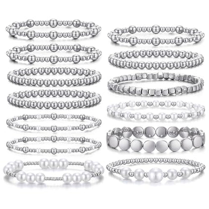 KISS WIFE Gold Beaded Bracelets for Women, Stackable Stretch Bracelet Set | 13 stretch bracelets combine polished gold-tone beads and faux pearls for stacked or individual everyday styling. - color: Silver