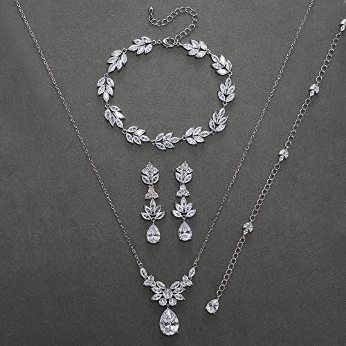 SWEETV Teardrop Wedding Bridal Jewelry Set for Brides Women Bridesmaid, Crystal Rhinestone Backdrop Necklace Earring Sets for Prom - color: 01.Silver