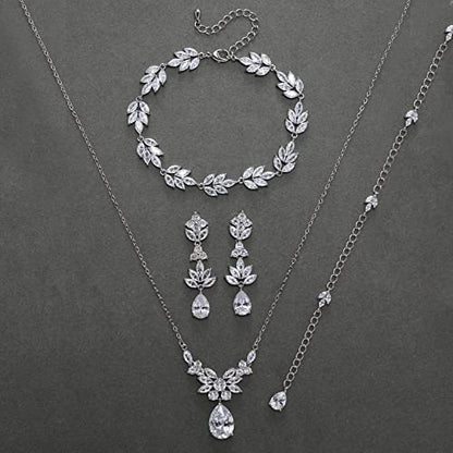 SWEETV Teardrop Wedding Bridal Jewelry Set for Brides Women Bridesmaid, Crystal Rhinestone Backdrop Necklace Earring Sets for Prom - color: 01.Silver