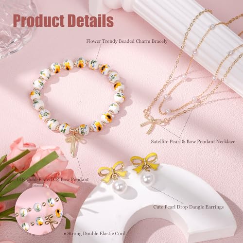 Bow Bracelet Necklace Earring Set for Women 14K Gold Plated Dainty Bow Necklace Flower Trendy Beaded Charm Bracelet Cute Pearl Drop Dangle Earrings Love Romantic Jewelry Gifts - color: yellow