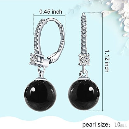 JO WISDOM 925 Sterling Silver Freshwater Pearl Hoop Earrings with Dangle Real Pearl,Simulated Pearls - color: C-10mm black pearl,round shape