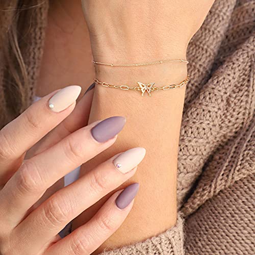 Dainty Gold Bracelets for Women, 14K Gold Plated Adjustable Layered Beads Bracelet Cute Evil Eye Oval Chain Pearl Bar Turtle Gold Bracelets for Women Jewelry - style: Beads Chain&Butterfly