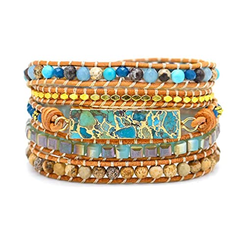 Women Wrap Bracelets Boho Natural Stone Jasper Turquoises Strand Bracelet Jewelry Collection - color: Gold Line Turquoise