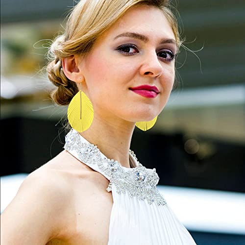 YUNXI Large Genuine Soft Leather Handmade Fringe Feather Lightweight Leaf with Simple Drop Metal Bar Tear Drop Dangle Color Earrings for Women - color: Light Yellow