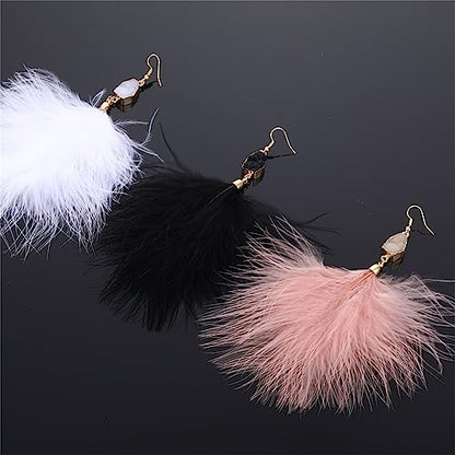 Feather Earrings for Women Boho Bohemian Style Tassel Fringe Statement Drop | Boho Tassel Fringe Statement Drop Earrings Dangle with Bohemian Vibe for Summer Beach Vacation Cruise Festival Outfit - color: White