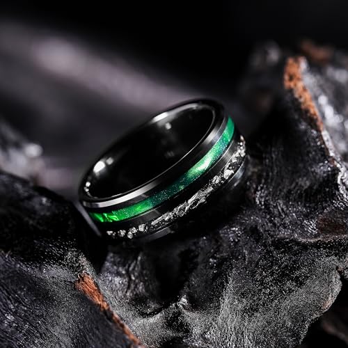 King Will Tungsten Rings for Men with Galaxy Shell Sand Meteorite Inlay | Black, 8mm, Brushed, Pipe Cut, Shell inlay, Everyday Wear - color: Black Green
