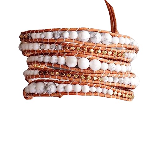 Boho Wrap Bead Bracelet for Women - Handmade Adjustable Natural Stone Beaded Bracelets Yoga Healing Bracelet Bangle Hippie Jewelry - color: White Turquoise #2