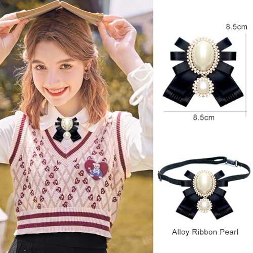 FASELE Bow Brooch Pre-Tied Neck Tie Pearl Brooch Pin Striped Bow Tie for Women Wedding Party Bow Tie - color: Black/Adjustable